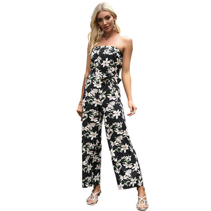 Damen Jumpsuit Florales Design Verstellbarer Taillengürtel