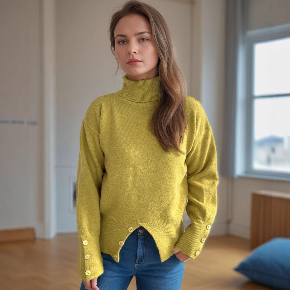 Damen Rollkragenpullover Knopfdetails Eveloria