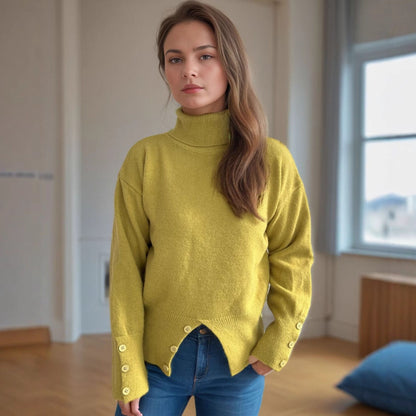 Damen Rollkragenpullover Knopfdetails Eveloria