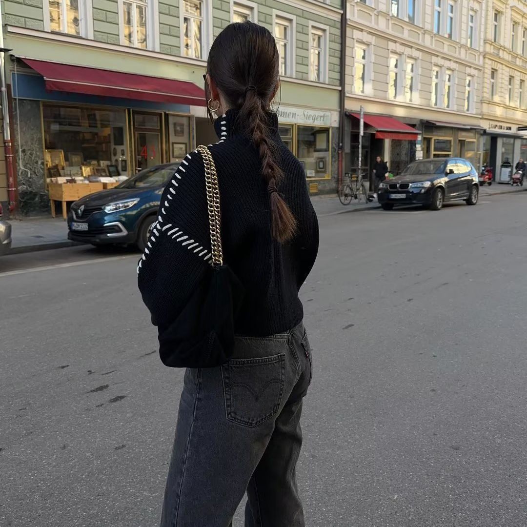 Damen Strickpullover Hochärmelig Kontraststich