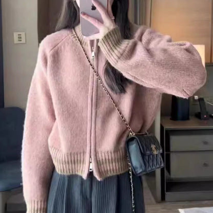 Damen Strickcardigan Sportlich Reißverschluss Gestreift Grau Eveloria