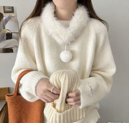 Damen Strickpullover Kuschelig Mit Abnehmbarem Kragen Beige