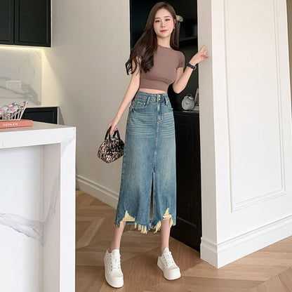 Damen Denimrock Lang Mit Seitlichem Schlitz Und Fransen