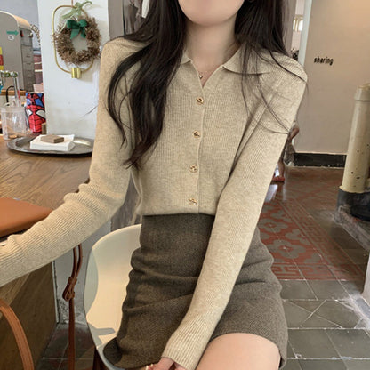 Damen Strickpullover mit Knöpfen und Rippmuster Fein