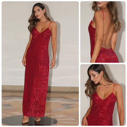 Damen Abendkleid Glitzer Pailletten V-Ausschnitt Eveloria - Eveloria