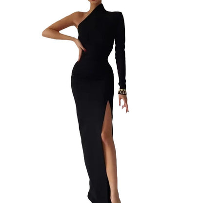 Damen Abendkleid Asymmetrisch Langarm Eveloria