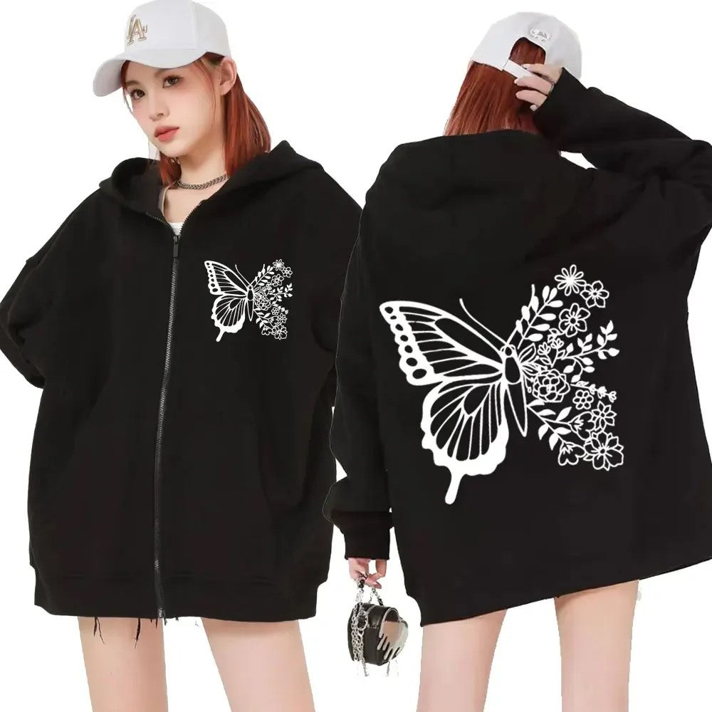 Damen Kapuzenpullover Floralmuster Kängurutasche Schwarz - Eveloria