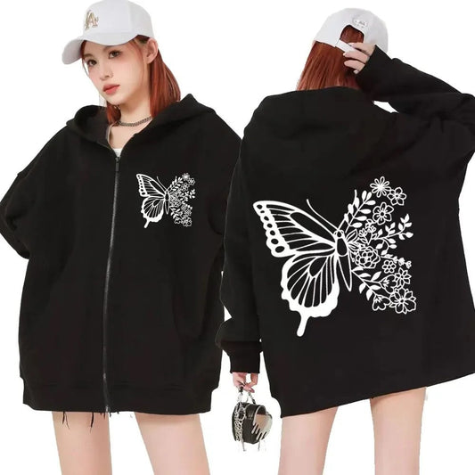 Damen Kapuzenpullover Floralmuster Kängurutasche Schwarz - Eveloria