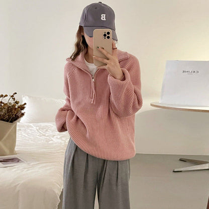 Damen Grobstrickpullover Reißverschluss Hoher Kragen Eveloria
