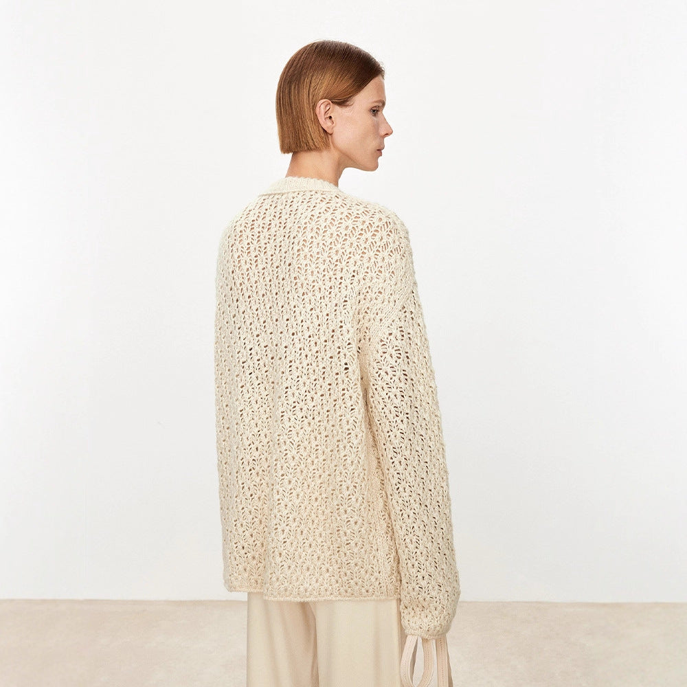 Damen Strickpullover Luftiger Look Offene Struktur Beige