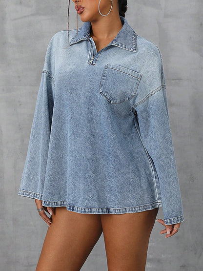 Damen Oversized Denimbluse Lässiger Kragen Blau
