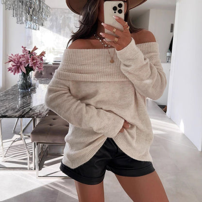 Damen Pullover Off-Shoulder Weich Rippdetails Beige - Eveloria