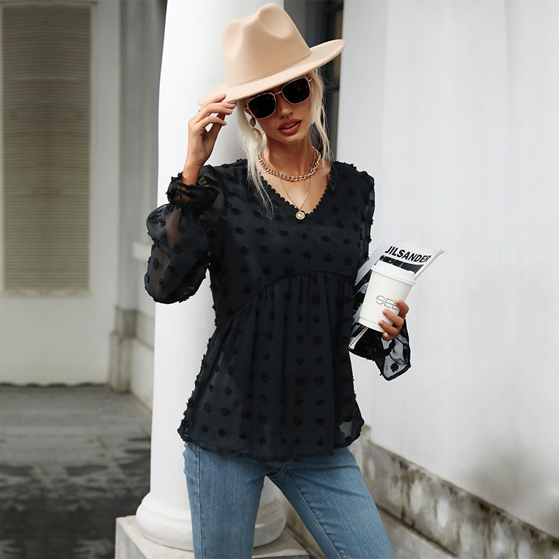 Damen Bluse Luftig Rüschendetails Punkte-Design Weiß Eveloria