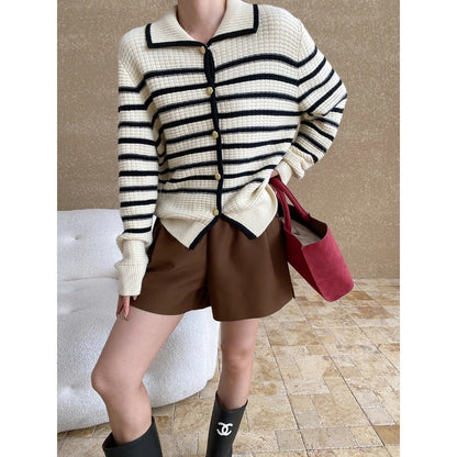 Damen Strickjacke Gestreift mit Druckknöpfen Lässig Beige - Eveloria