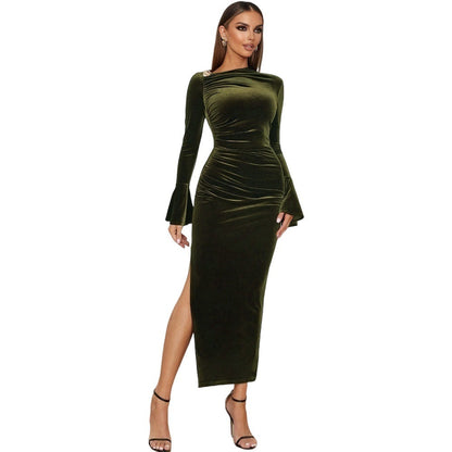 Damen Maxikleid Samt V-Ausschnitt Rüschen