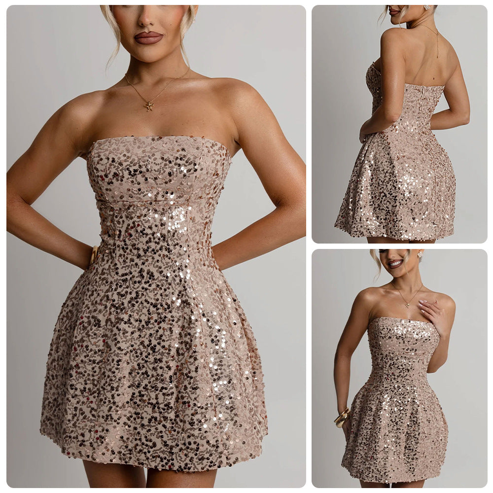 Damen Cocktailkleid Schulterfrei Pailletten Schwarz Eveloria - Eveloria