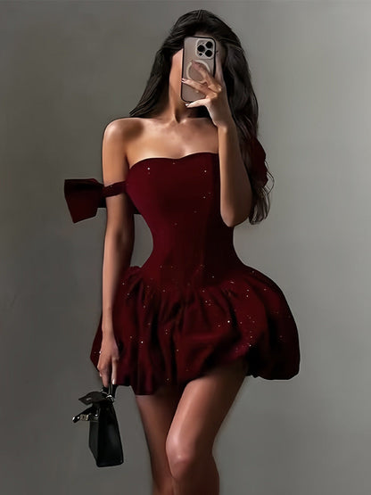 Damen Cocktailkleid Schulterfrei Glitzernd Eveloria