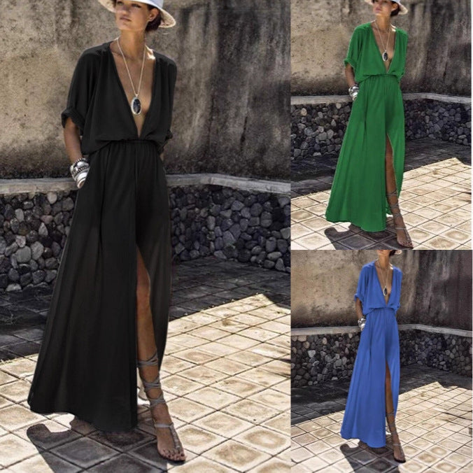 Damen Maxikleid V-Ausschnitt Hochschlitz Elegant Schwarz Eveloria - Eveloria