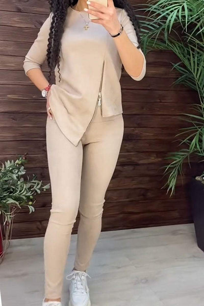 Damen Velours Loungewear Set Reißverschluss Anthrazit