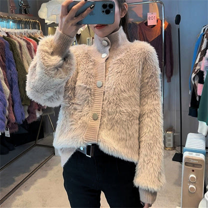 Damen Strickjacke Kuschelig Knopfverschluss Hochkragen Beige