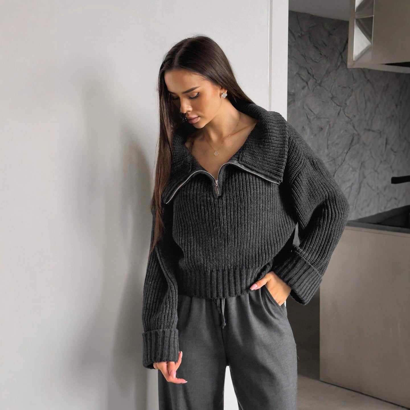 Damen Strickpullover Hochkragen Eveloria