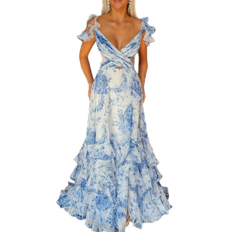 Damen Maxikleid Rüschendetails Florales Design