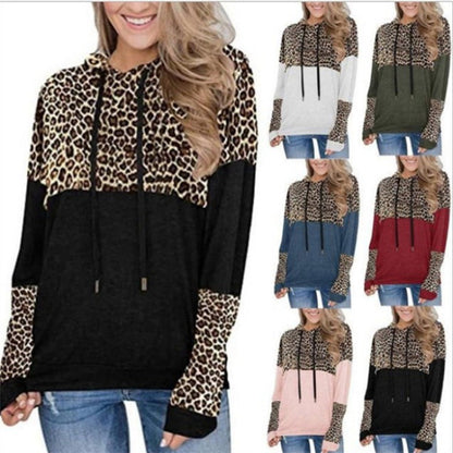 Damen Pullover Leopardenmuster Kapuze Lässig Schwarz - Eveloria