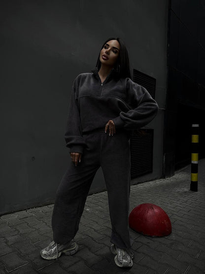 Damen Fleece-Jogginganzug Stehkragen Reißverschluss Eveloria
