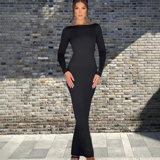 Damen Maxikleid Langarm Elegantem Ausschnitt Schwarz Eveloria - Eveloria
