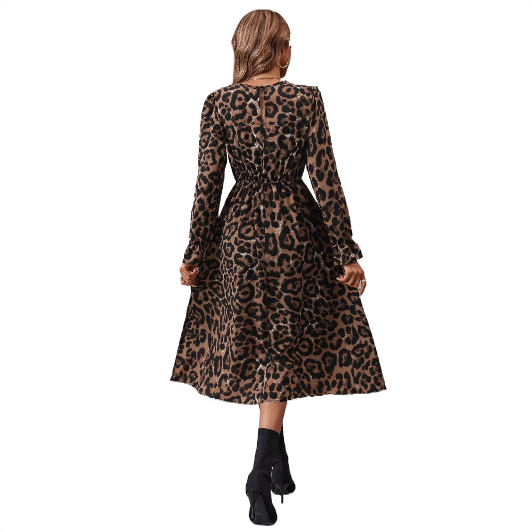 Damen Maxikleid Leopardenmuster Puffärmel