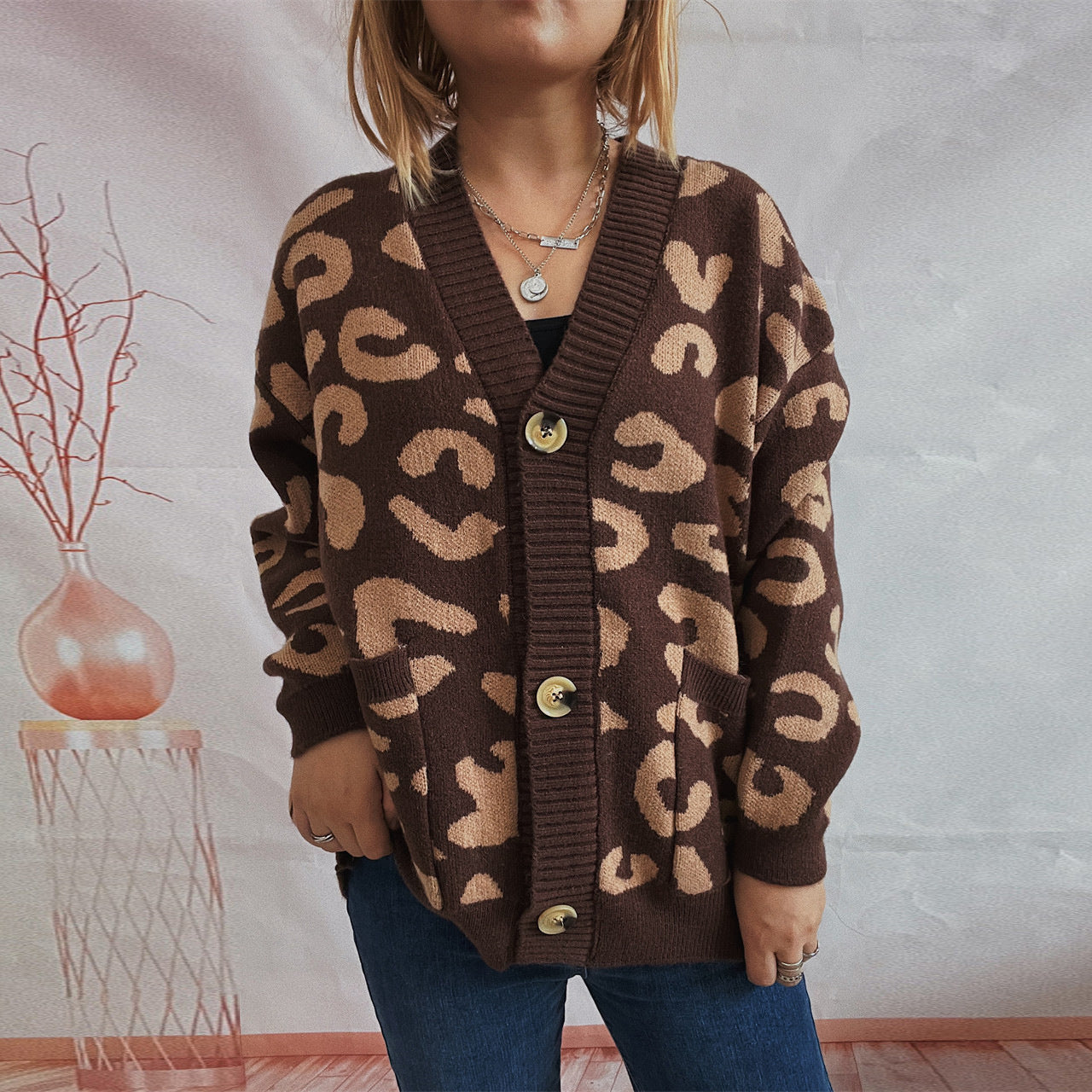 Damen Cardigan Lockere Ärmel Leo-Muster Eveloria