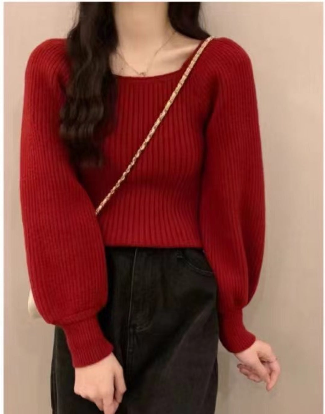 Damen Rippstrickpullover Weite Ärmel Bequem Grau