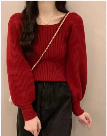 Damen Rippstrickpullover Weite Ärmel Bequem Grau