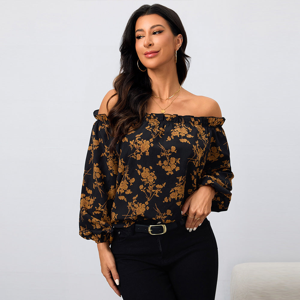 Damen Off-Shoulder Bluse Floralmuster Elastisch - Eveloria