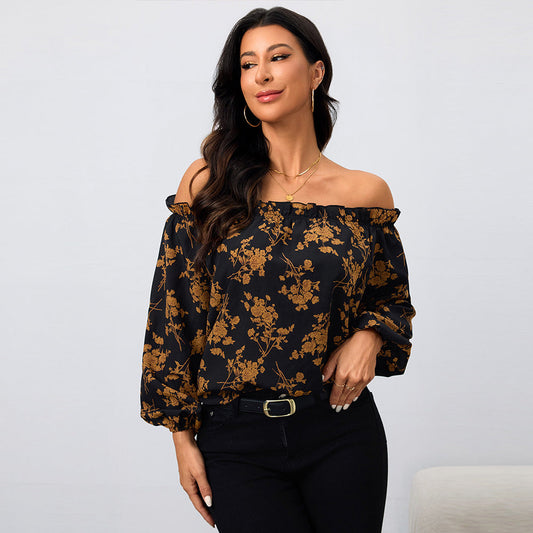 Damen Off-Shoulder Bluse Floralmuster Elastisch - Eveloria
