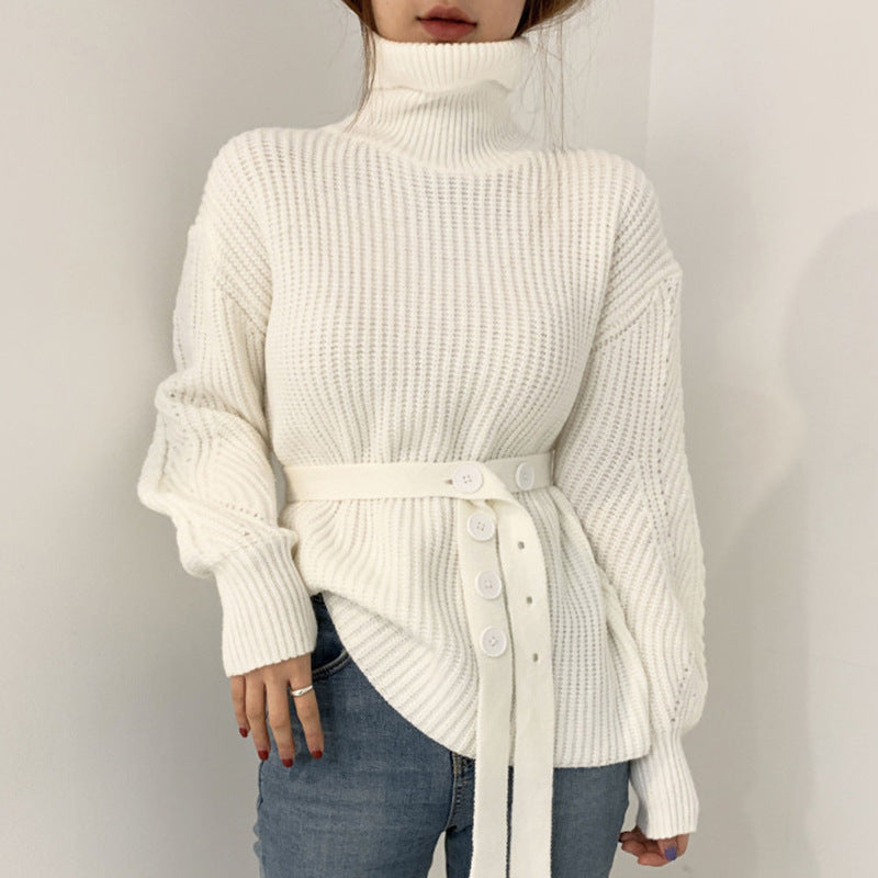 Damen Grobstrickpullover Hochkragen Taillengürtel Eveloria