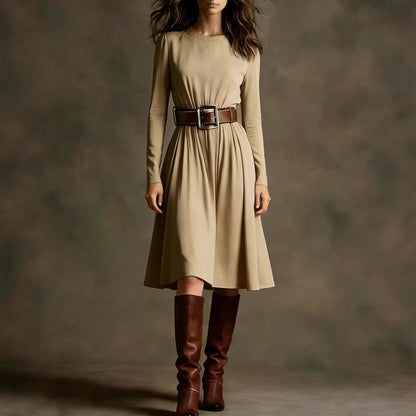 Damen Elegantes Kleid Langarm Taillengürtel Eveloria