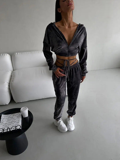 Damen Fleece-Trainingsanzug Cropped Hoodie Jogginghosen Eveloria