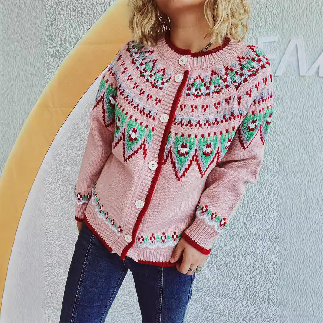 Damen Strickjacke Norweger-Muster Umschlägliche Knopfleiste Eveloria