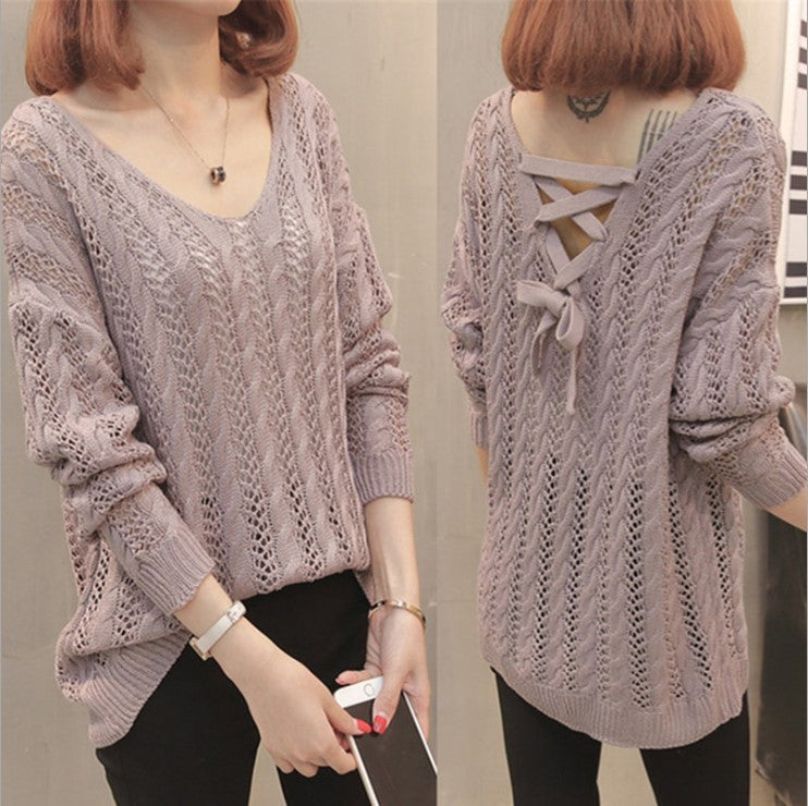 Damen Strickpullover V-Ausschnitt Feine Lochstruktur Grau Eveloria - Eveloria