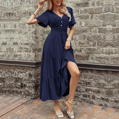 Damen Maxikleid Rüschendetails Taillengürtel Eveloria