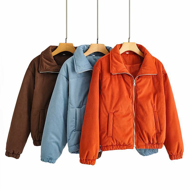 Damen Cordjacke Hochkragen Elastisch Braun