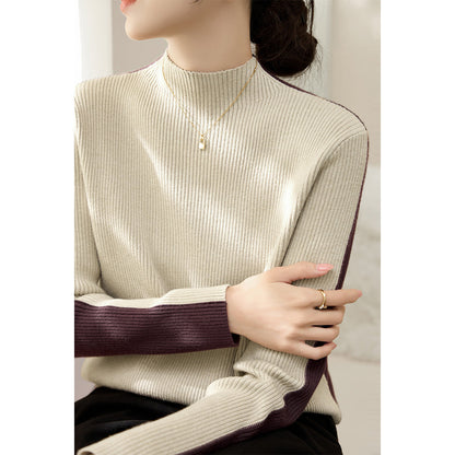 Damen Rollkragenpullover Strukturiertes Rippdesign Kontrastärmel Grau