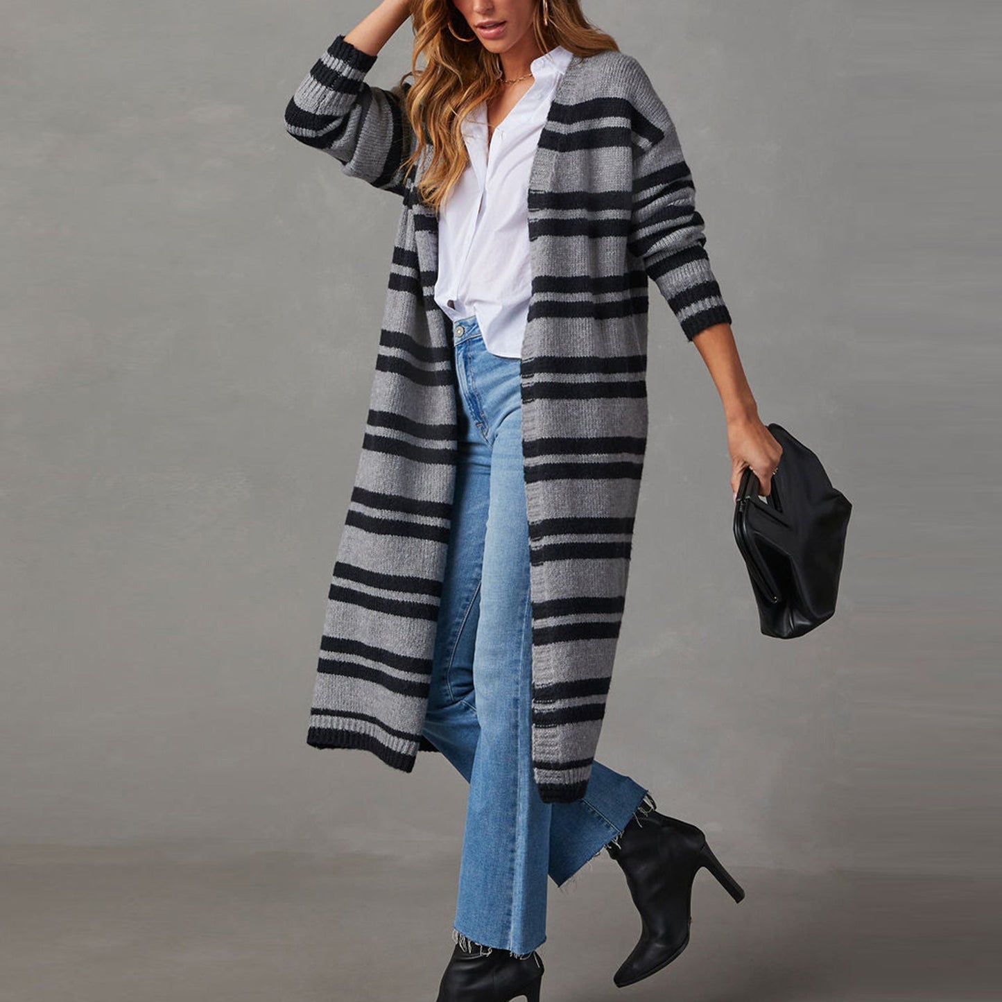 Damen Strickjacke Streifenmuster Lang Eveloria