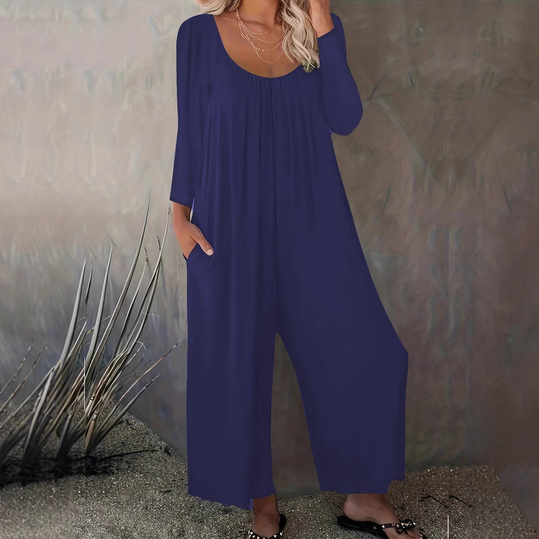 Damen Jumpsuit Weitgeschnitten Baumwolle Praktische Taschen