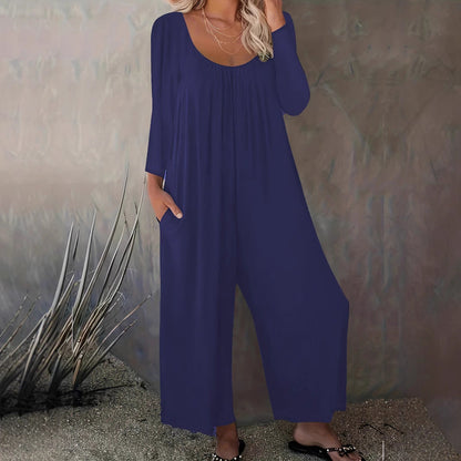 Damen Jumpsuit Weitgeschnitten Baumwolle Praktische Taschen