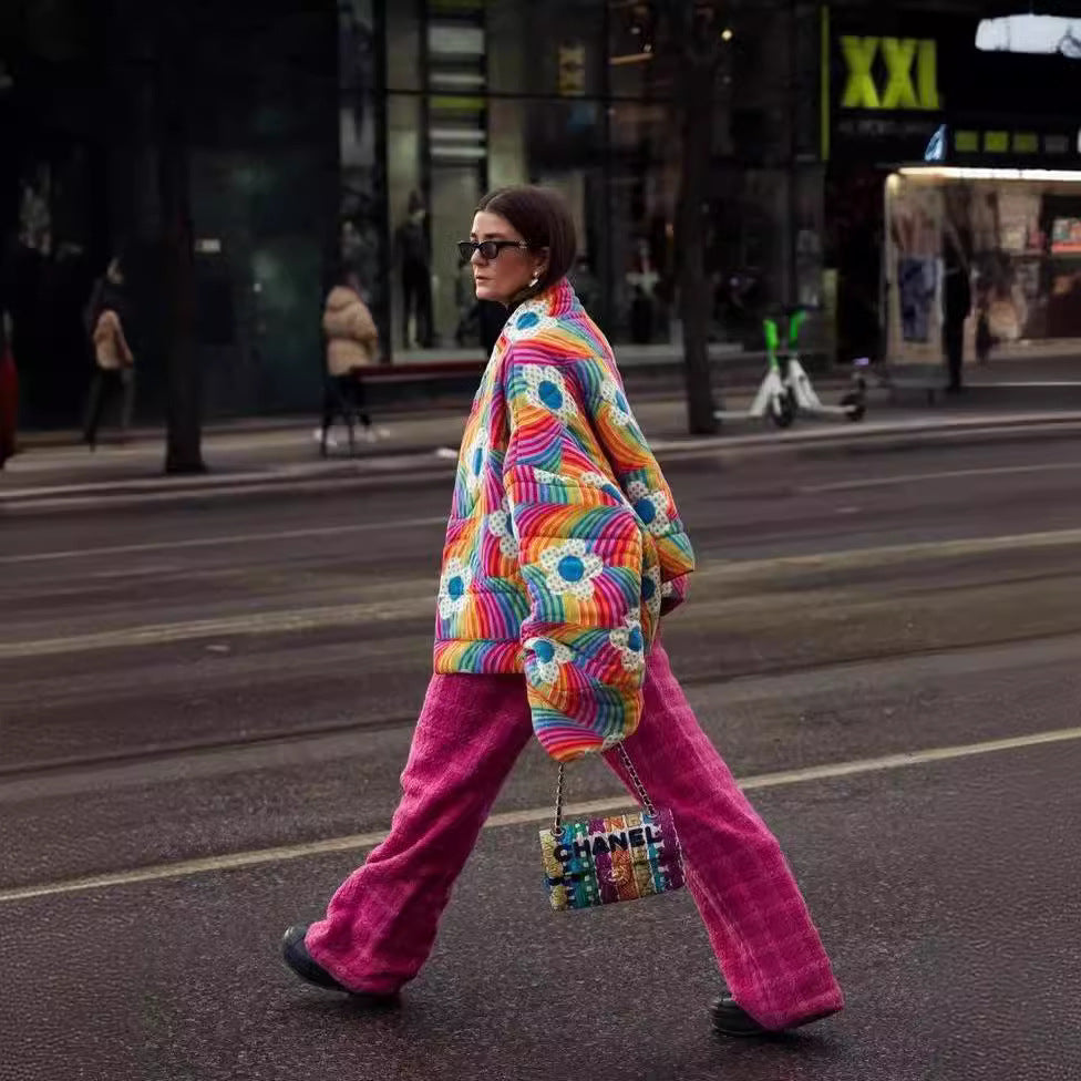 Damen Steppjacke Bunt Voluminöse Ärmel Kuschelig