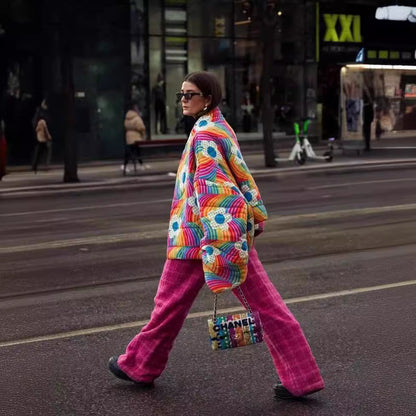 Damen Steppjacke Bunt Voluminöse Ärmel Kuschelig