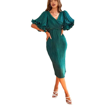 Damen Midi-Kleid Plissiert Ärmel Voluminös Eveloria