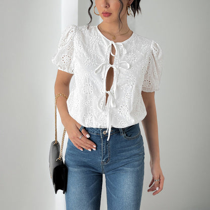 Damen Bluse Puffärmel Blumenmuster Kordelzug